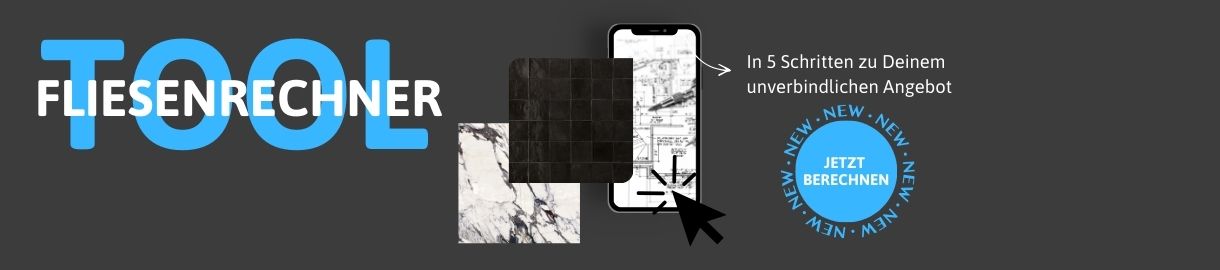 Fliesen Rechner Tool mit blauer Schrift auf schwarzem Hintergrund
