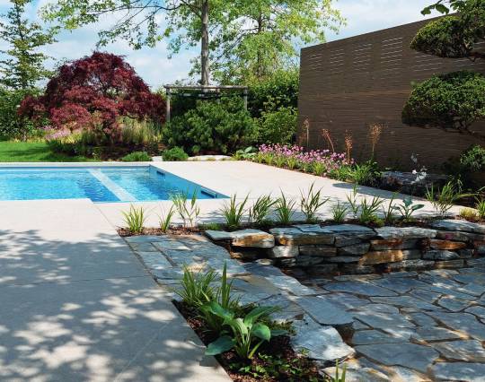 weißer Keramikboden mit Pool, einem roten Baum im Hintergrund, steinige Stufen unten rechts und pinke Blumen rechts vom Pool