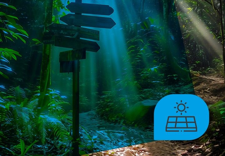 Solarpanel als blauer Button mit Dschungel im Hintergrund